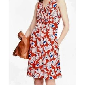 Banana Republic Dress‎ Size 14 Floral Pleated Sleeveless V Neck Red White Blue